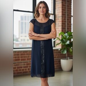 Saivana Dark Blue 100% Silk Sheer Top Fully Line Short Sleeves Size Medium